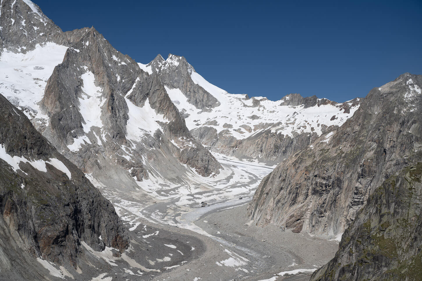 Beich Glacier, a meandering glacier at the bottom of steep, rocky mountains reachiing up to 4,000 meters.