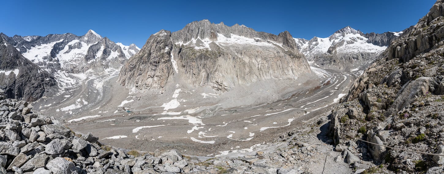 Wide Panoramic view of the Oberaletsch and Beich Glaciers, meandering through the glacial valley.