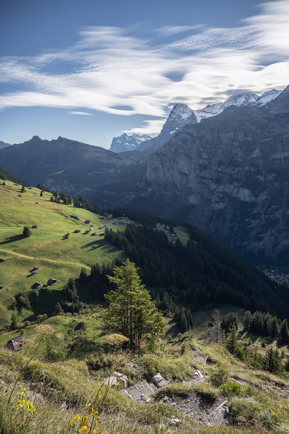 Early morning on the Bernese Oberland Alps on the hiking trail to Schilthorn
