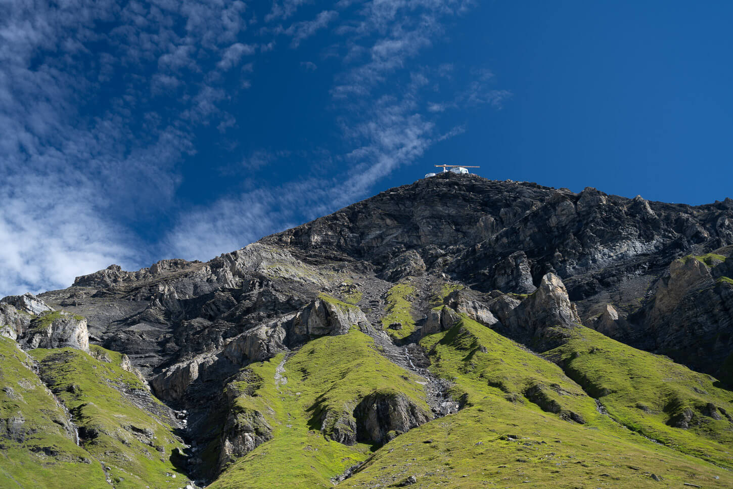 View of the Schilthorn summit from right below the moutain's summit.