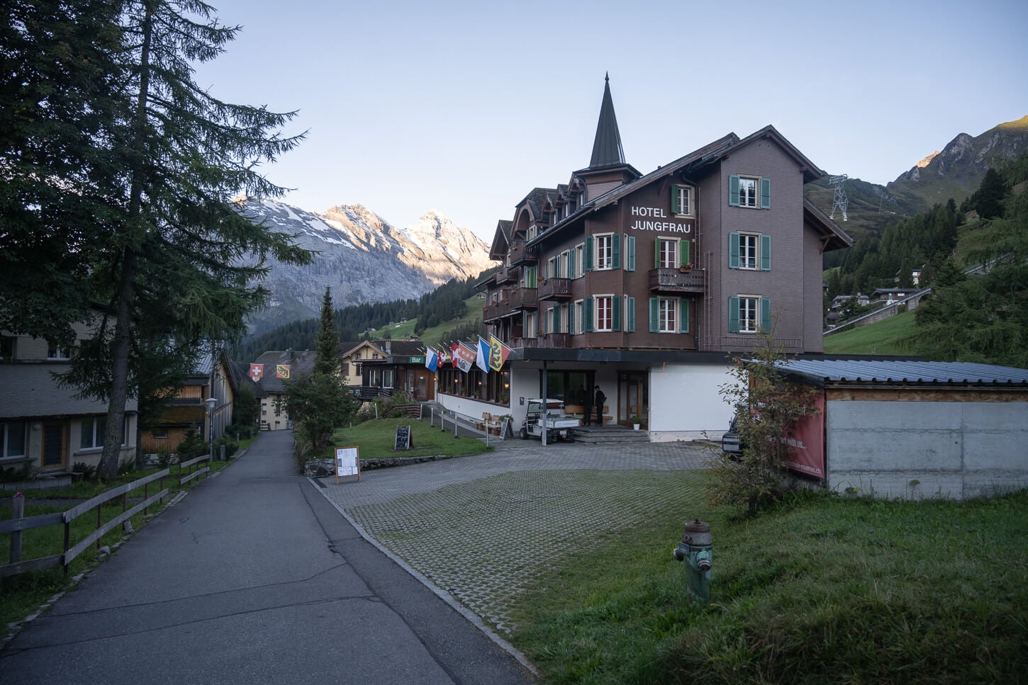 View of a tree in Mürren in the early morning, with no one around and with the sunt just about lighting the more distant peaks.
