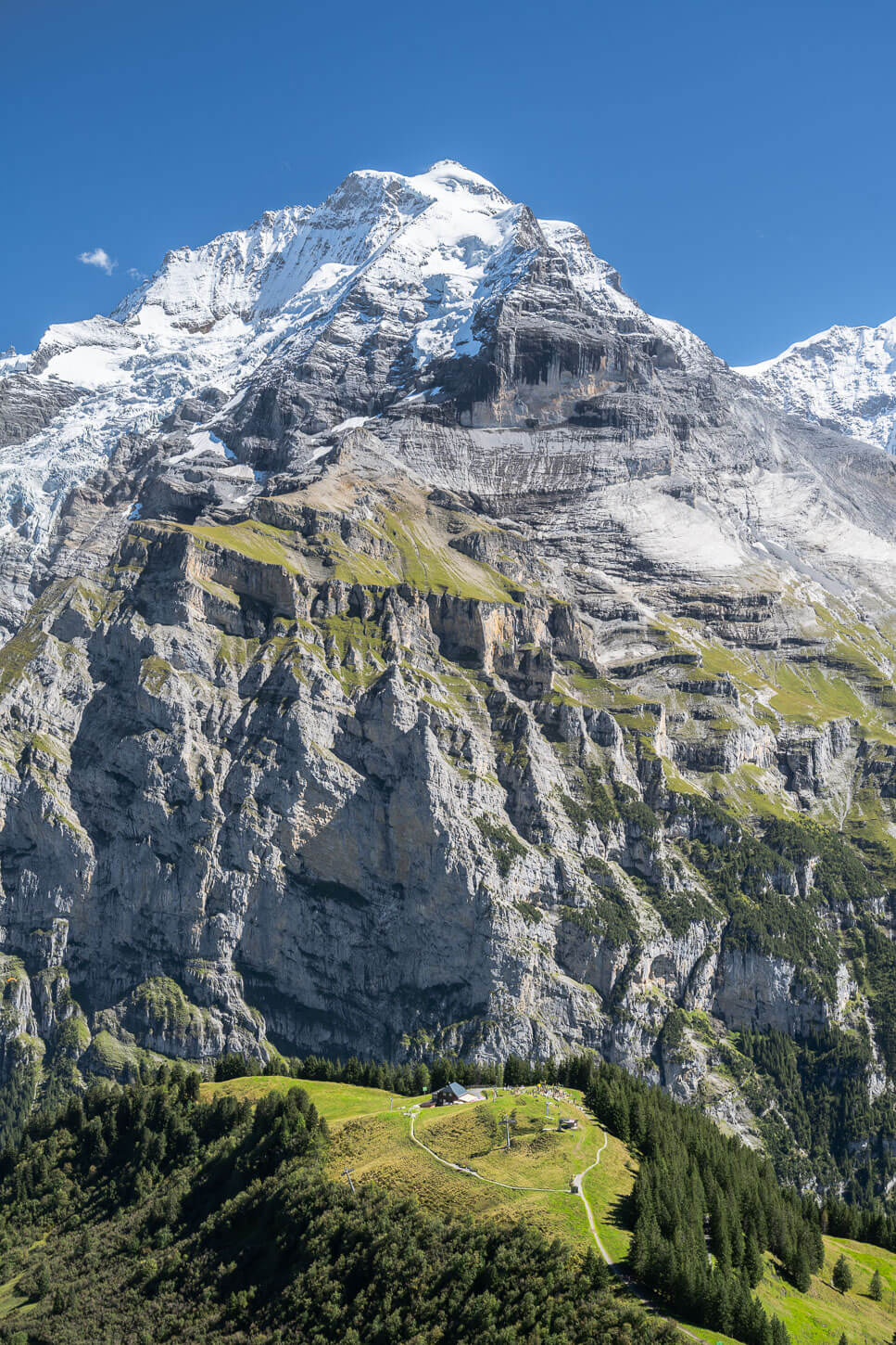 Mountain landscape showing the green valley below and the glacier-covered mountain peaks several thousand meters above it.