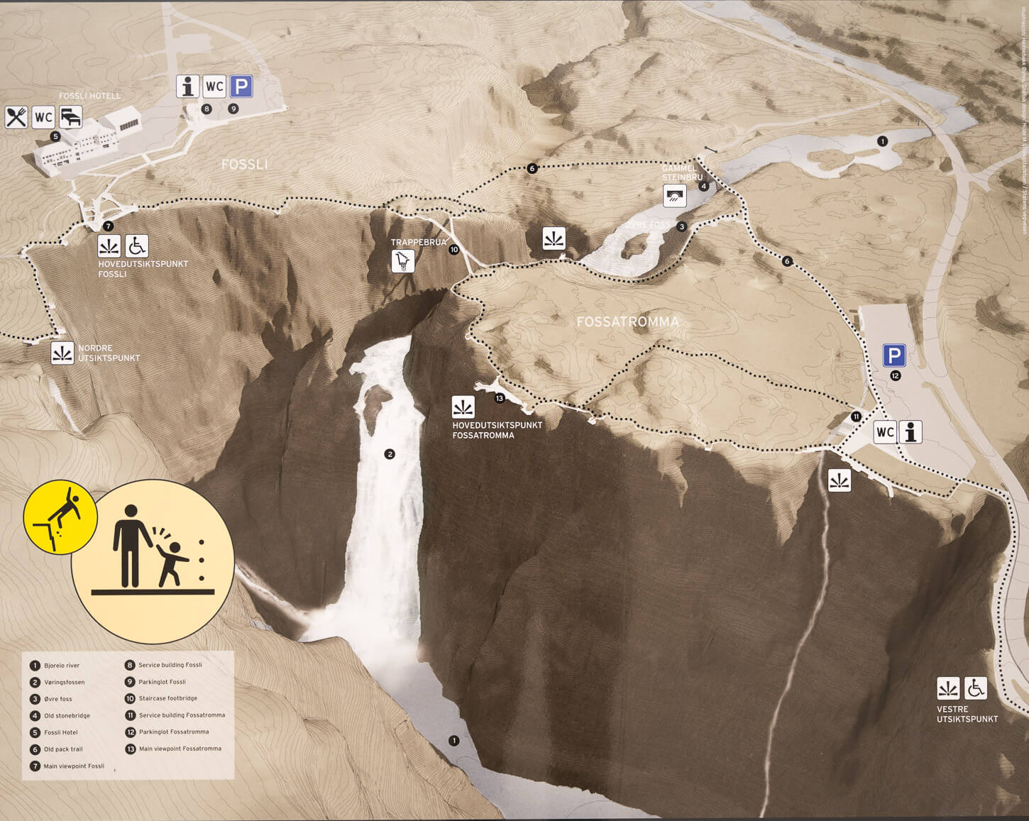 Drawn Map of the viewpoints and walking paths around Vøringsfossen.