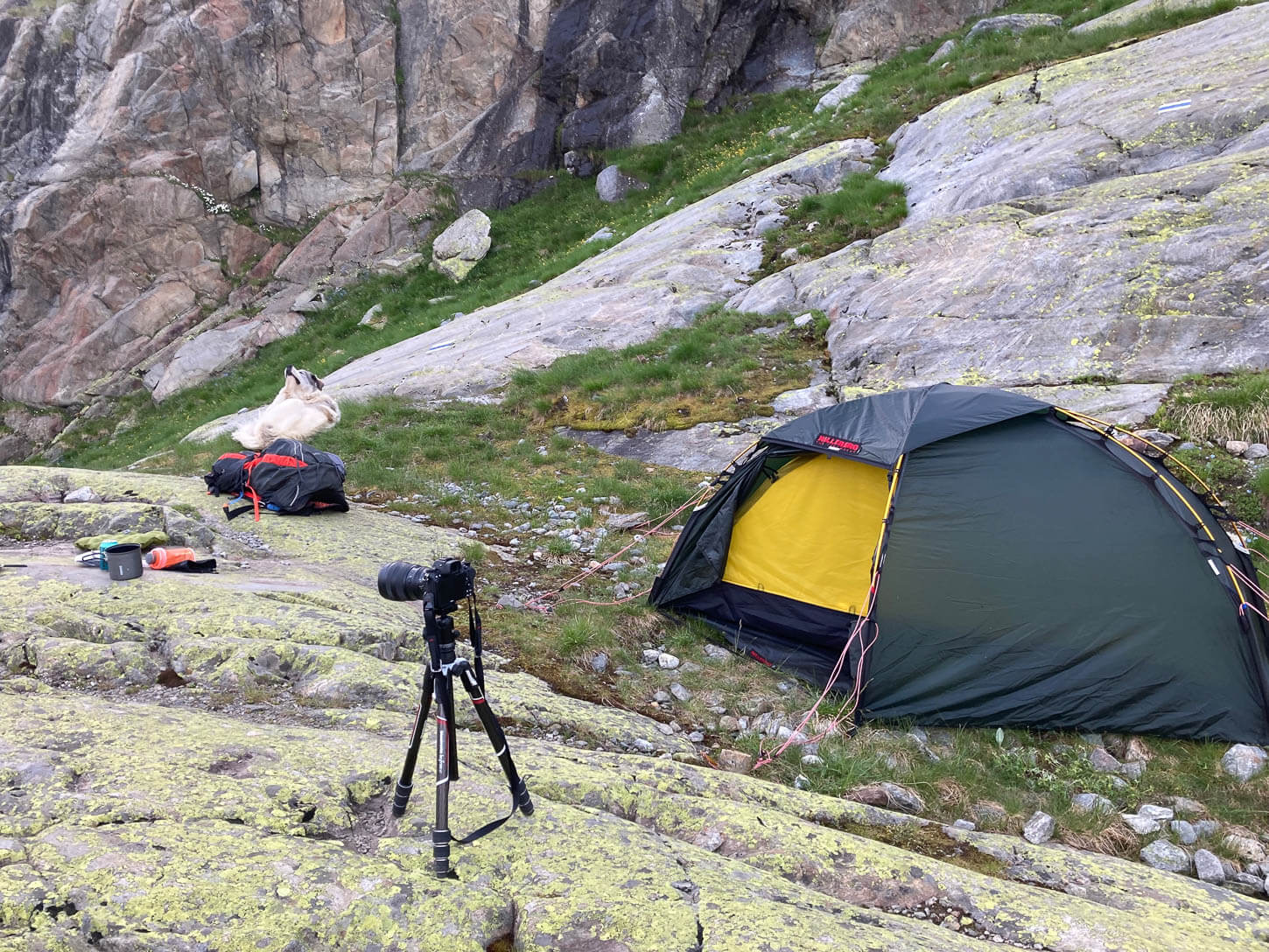 Hilleberg Soulo Tent pitched on a small rocky outcrop.