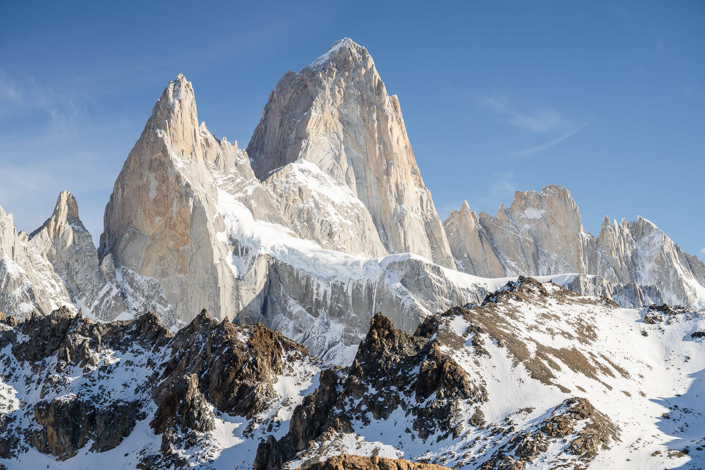 Close up view of the imposing Fitz Roy from Loma de Las Pizarras.