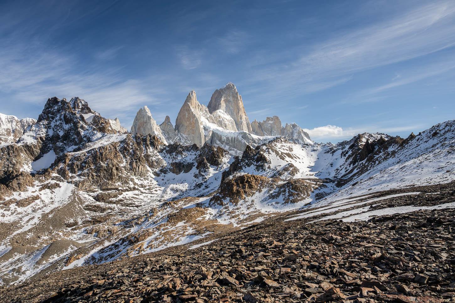 Fitz Roy view partly obstructed by a jagged ridge.