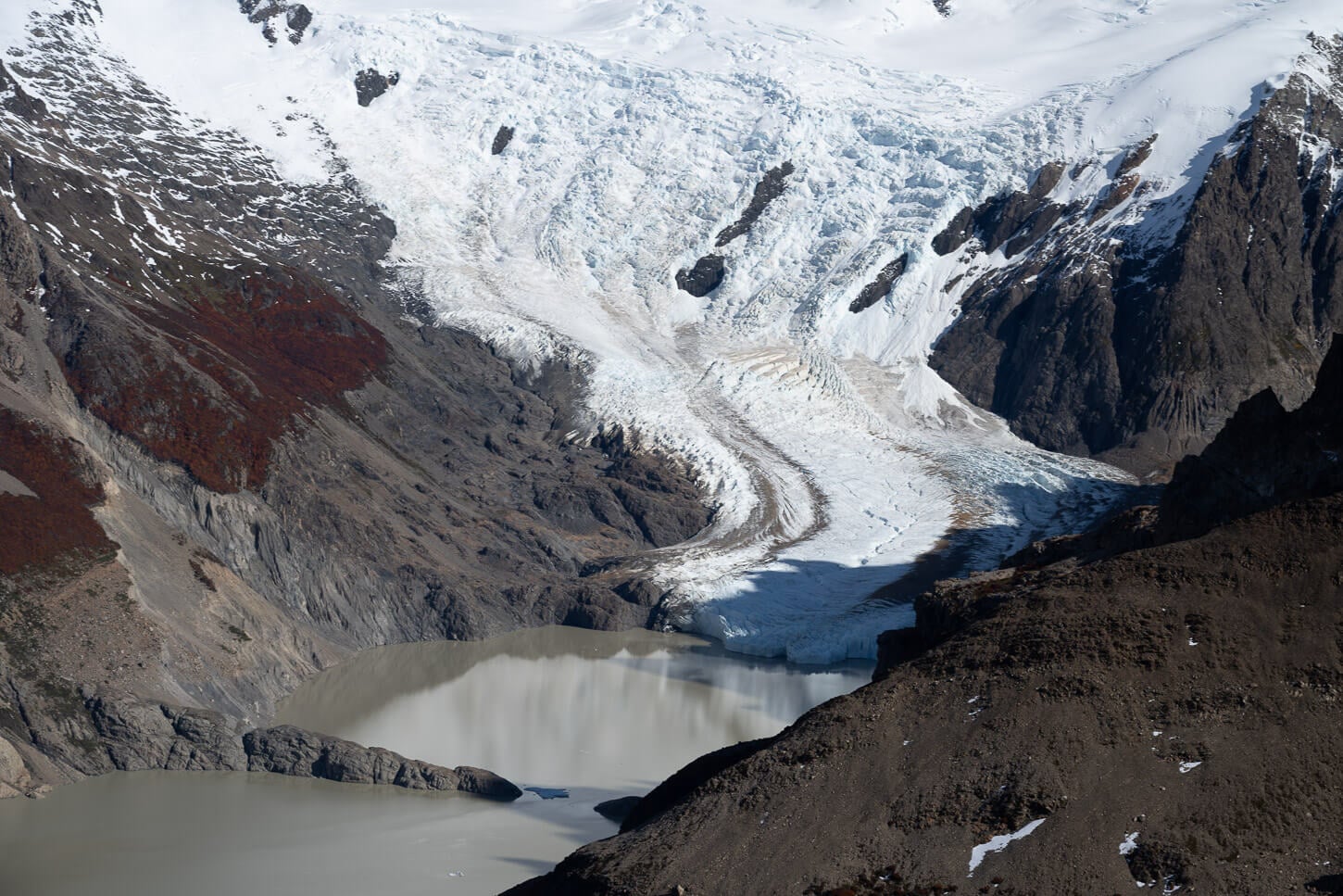 Detail of Laguna Torre where Glaciar Grande enters the laguna as viewed from above on a nearby mountain.