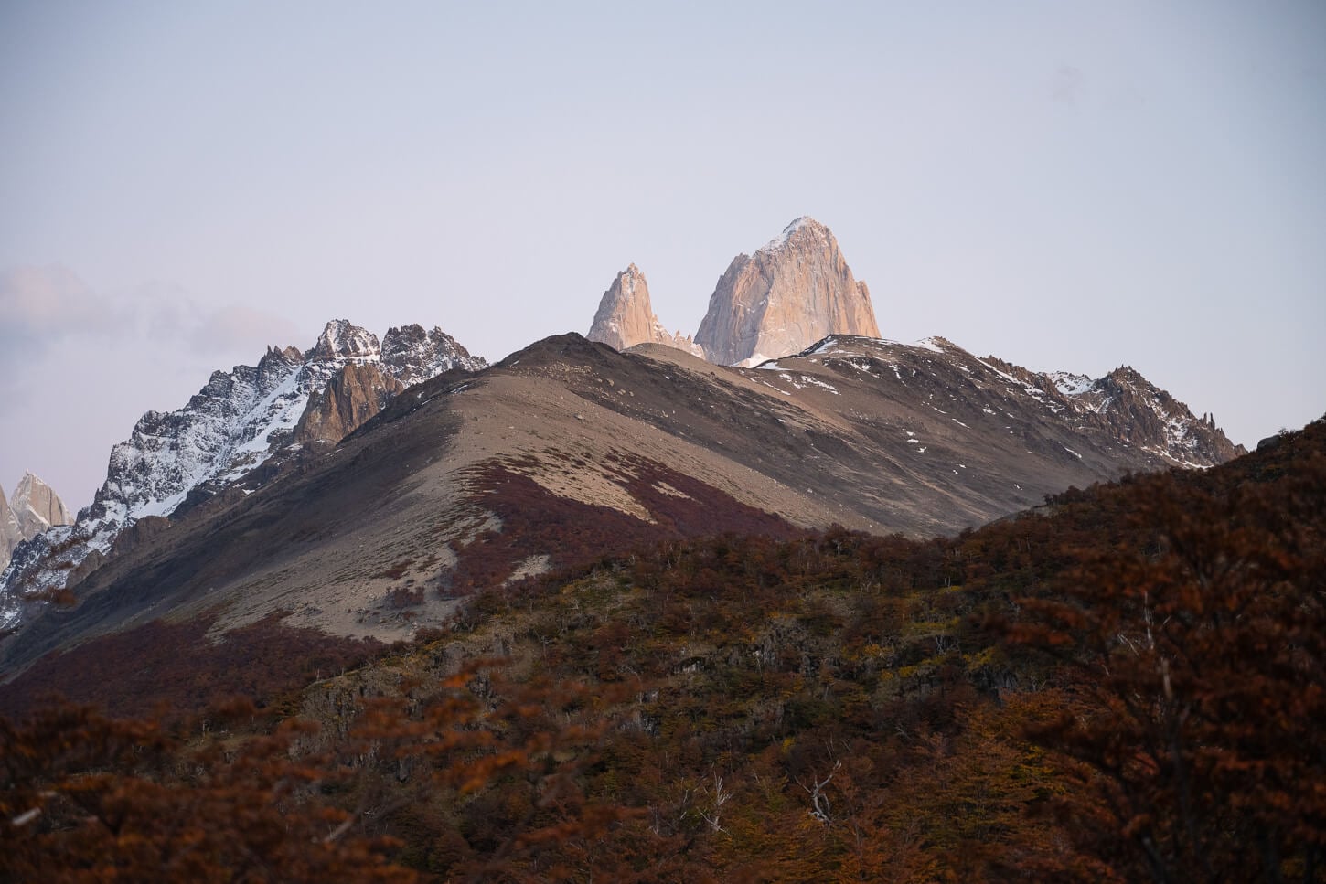 view of the mountain called Loma del Las Pizarras, with Fitz Roy's peak appearing above it.