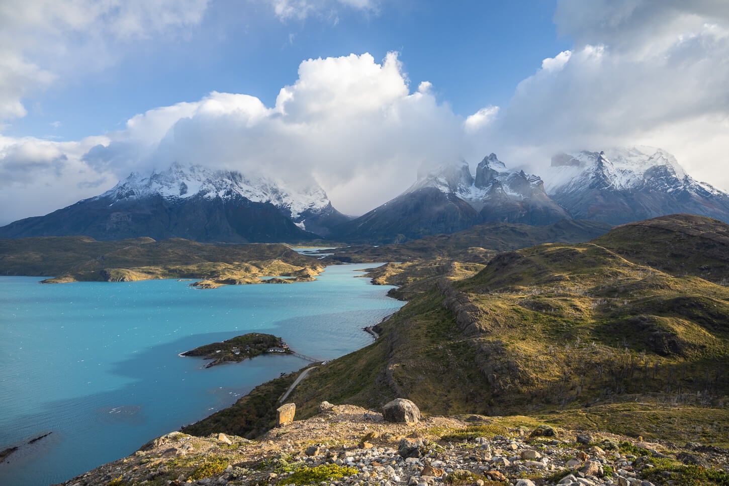 View from the Condor Lookout in Torres del Paine, with the Paine massif and Cuernos in the background