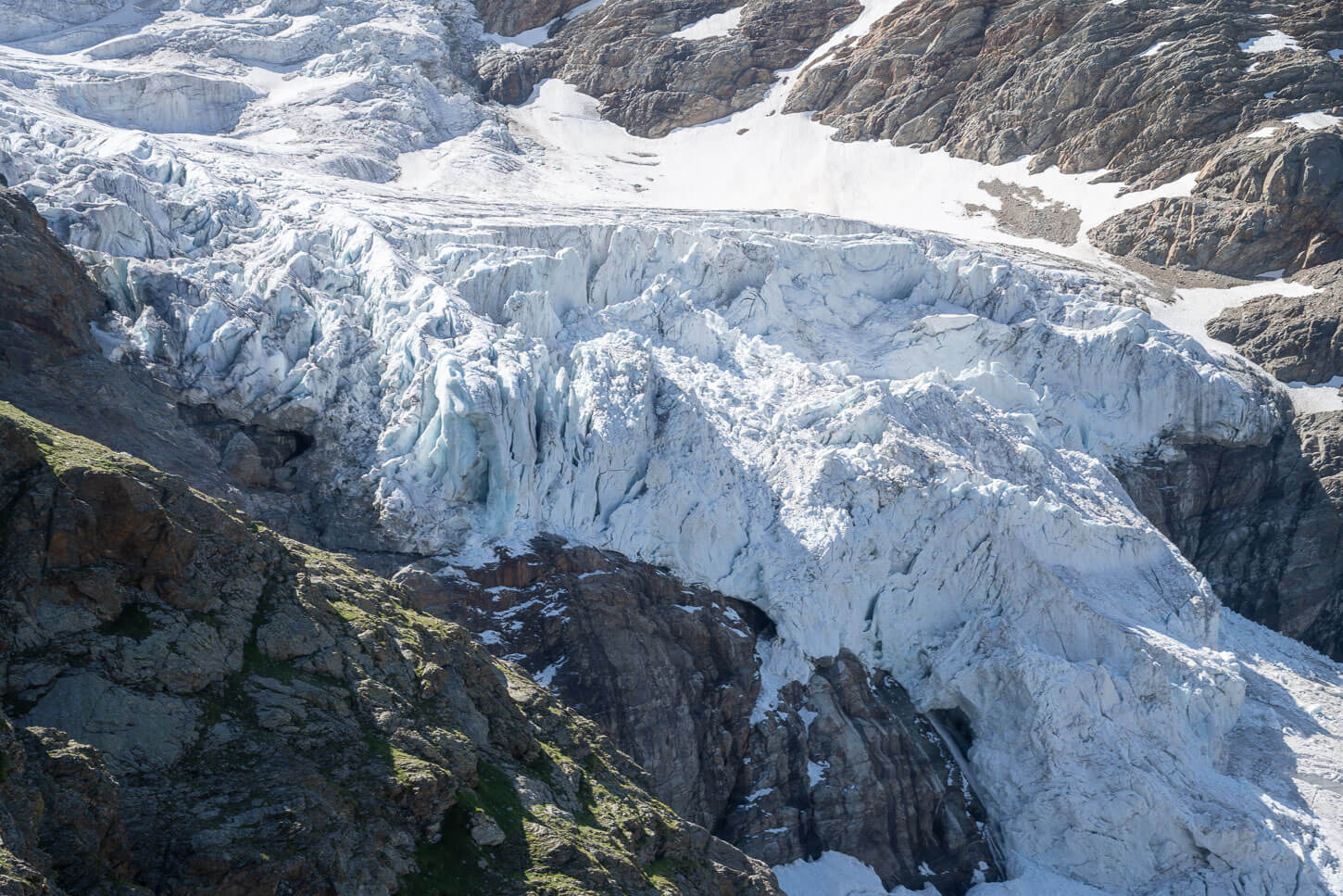 Upper Grindelwald glacier's front with many crevasses.