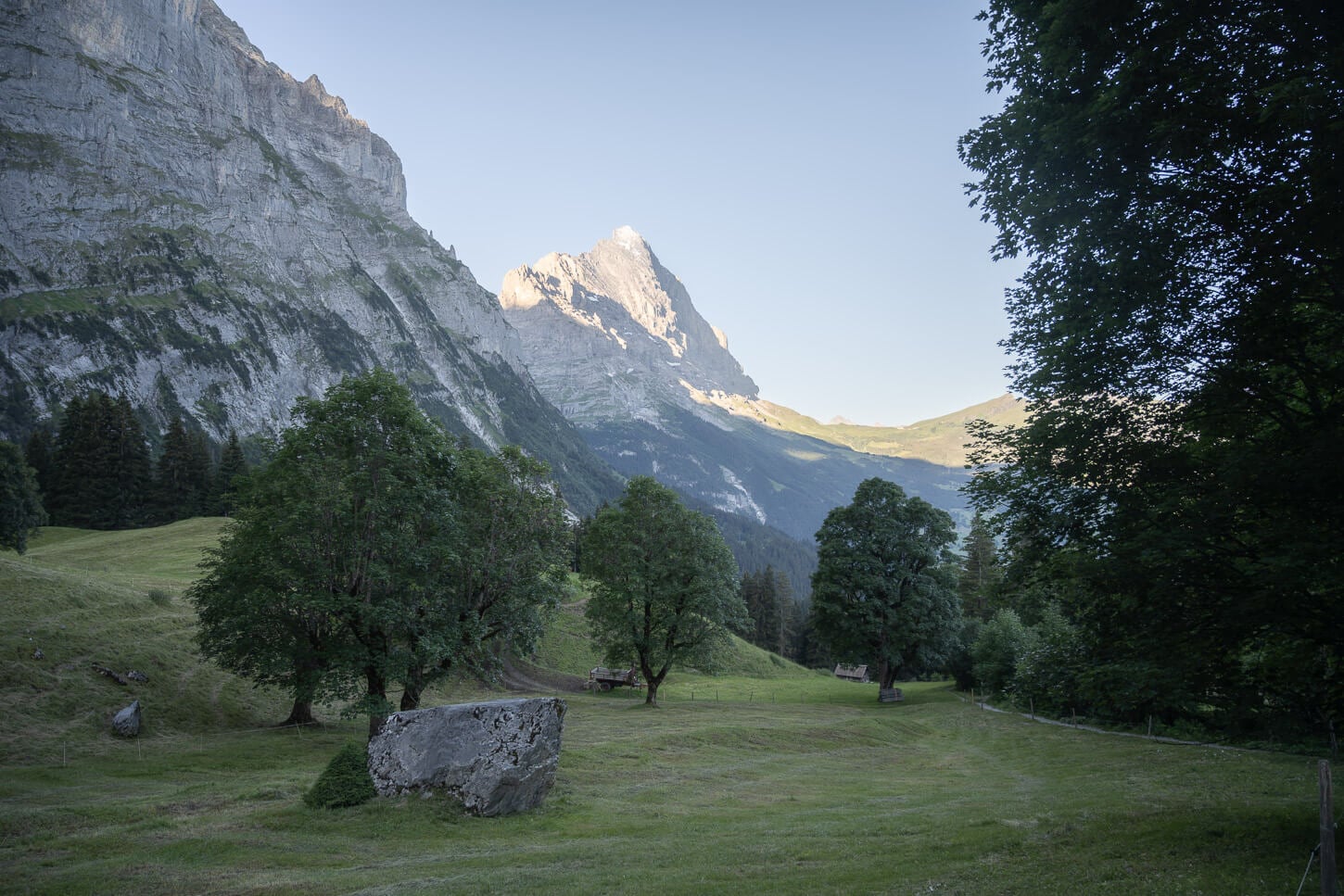 View of the Eiger from a nearby trail across green pastures.