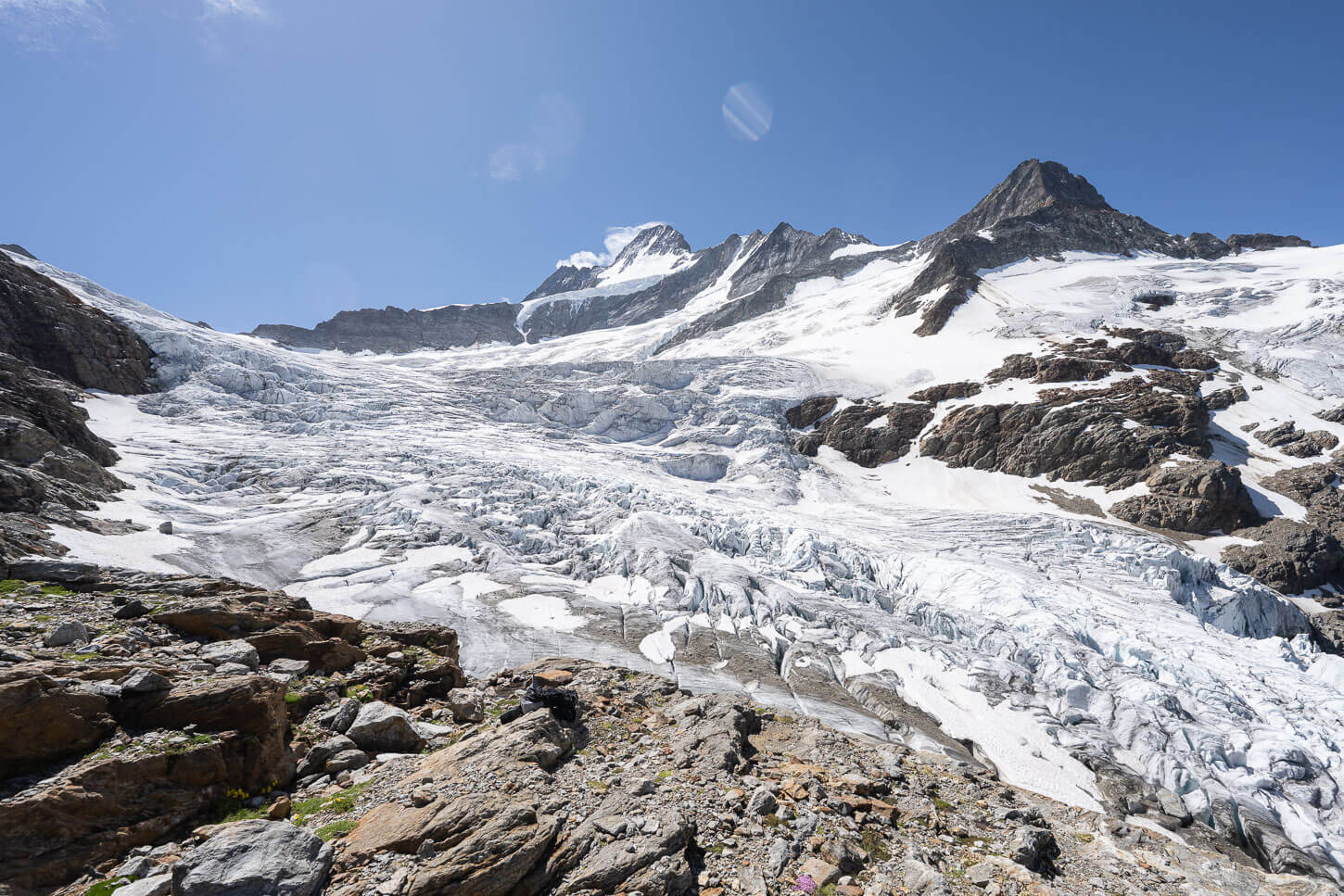 Upper Grindelwald glacier viewpoint at the end of the hike, where the vast glacier cracks into several crevasses.