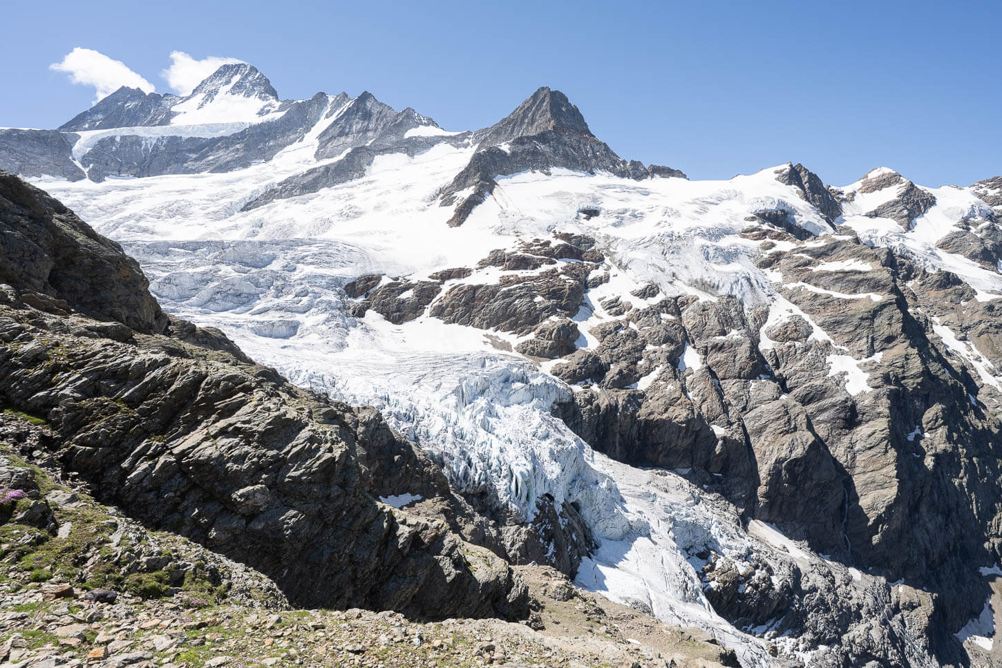 View of the upper Grindelwald glacier, with the Schreckhorn high above it.