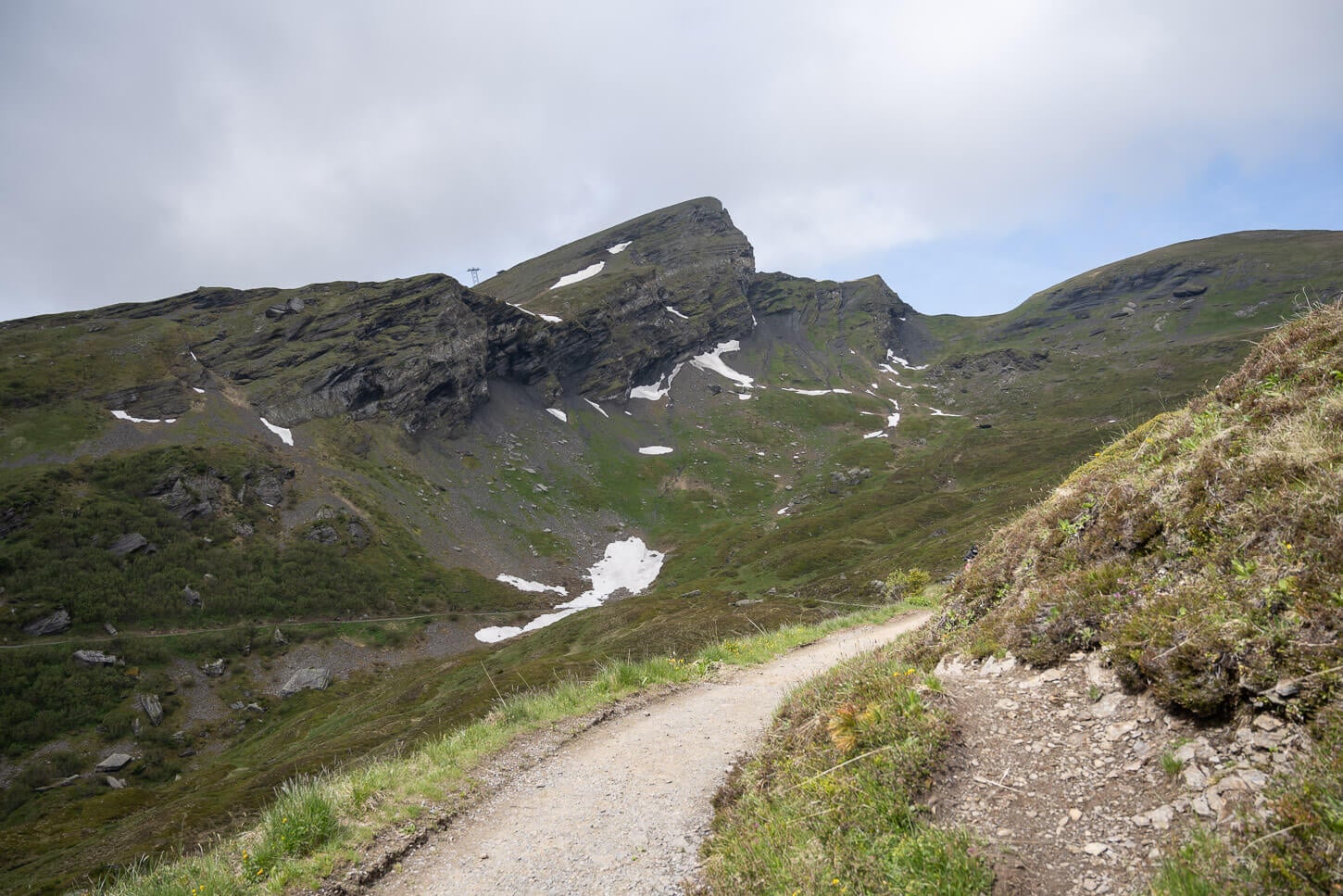 Panorama trail between Männlichen and Kleine Scheidegg, on an early summer day with patches of snow still on the mountains.