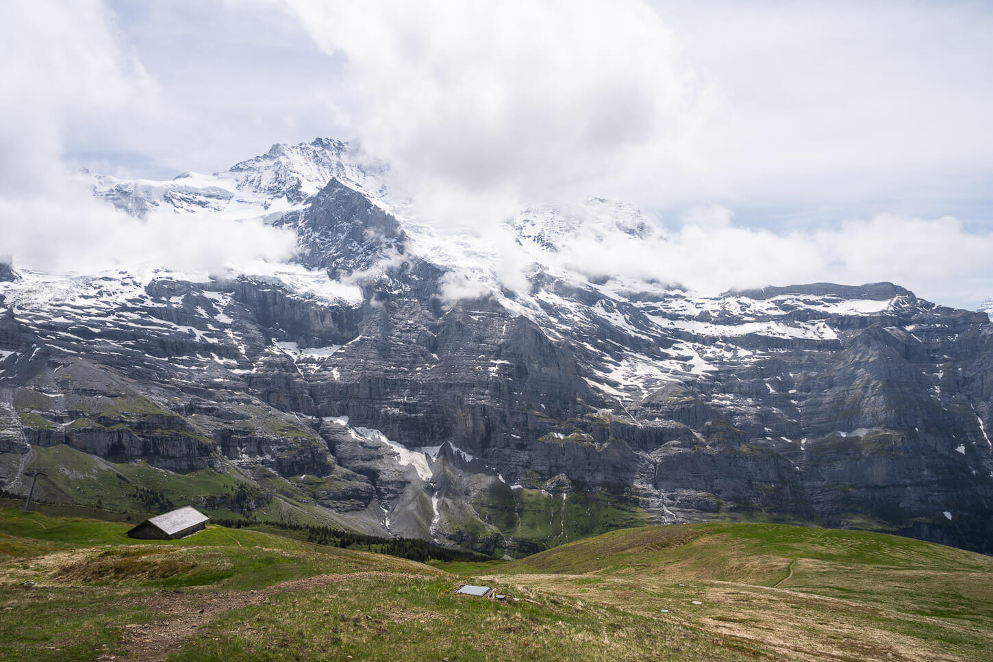 Alpine landscape with the Jungfrau towering above green pastures on the hike from Lauberhorn to Wengen, on a sunny summer day with a few fluffy clouds.