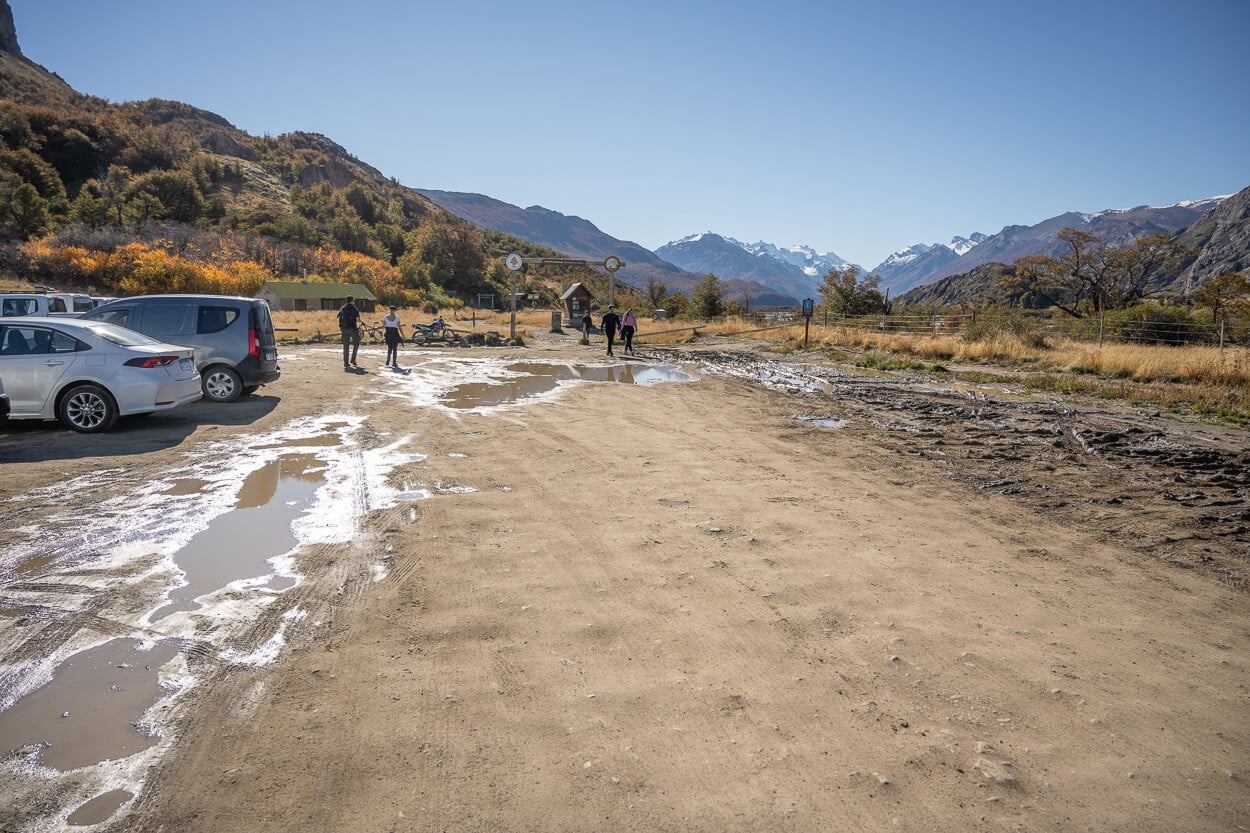 Parking area in El Chalten that is The Hidden Waterfall trailhead.