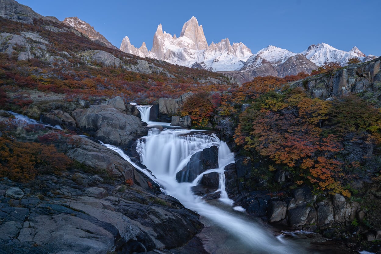 View of the Hidden Waterfall, or Cascada Escondida in El Chaltén, Patagonia, during th eblue hours