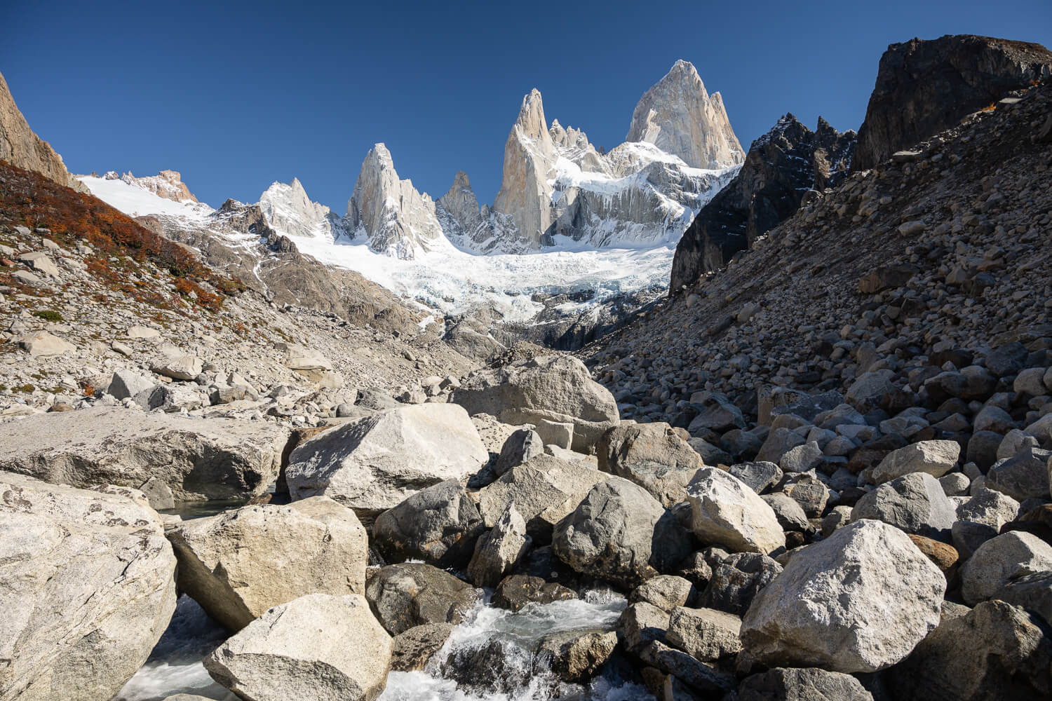 View of Fitz Roy from the hiking trail to Laguna Sucia, on a suny autumn day