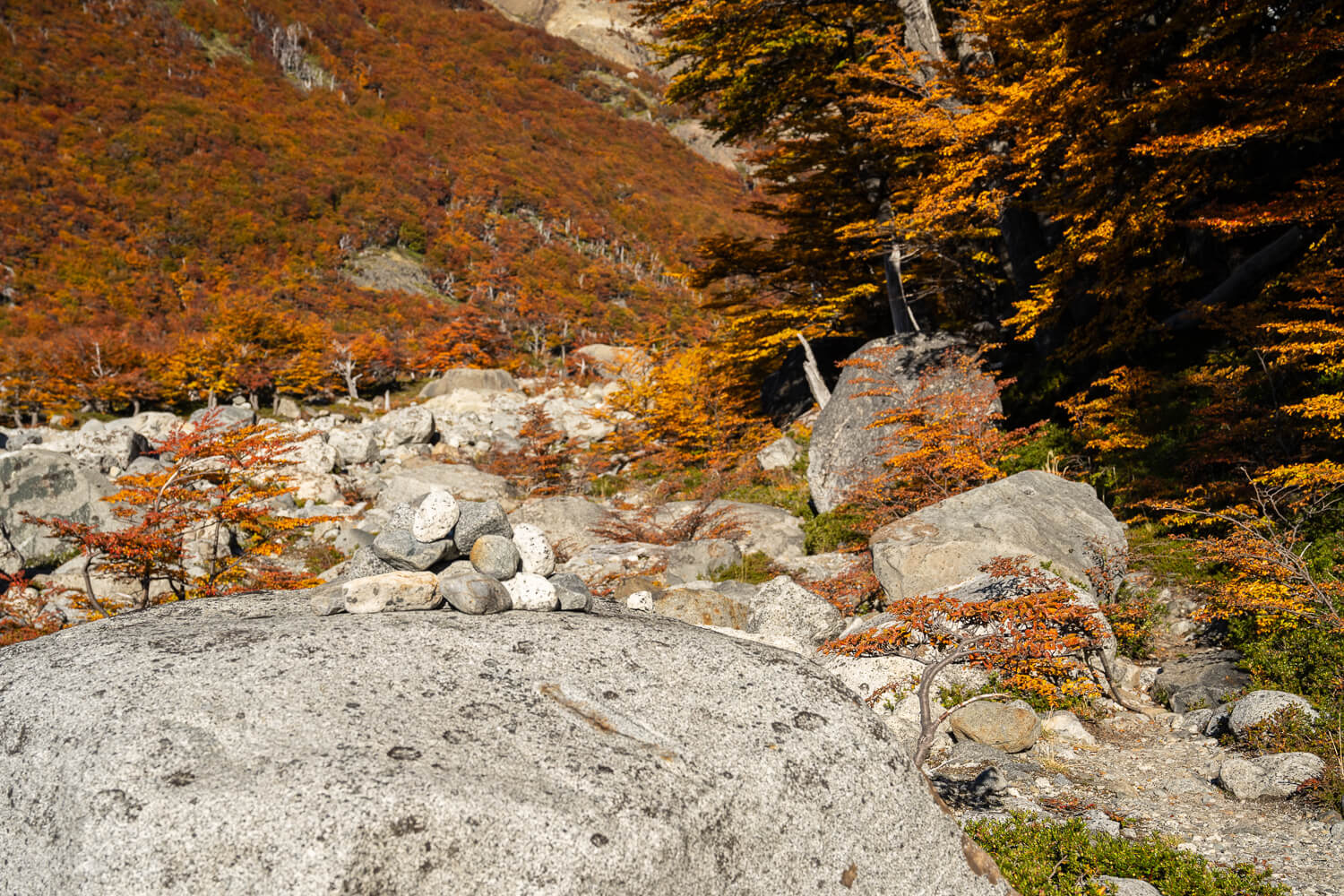 Cairn on a boulder along on the Laguna Sucia trail marking the path to hike