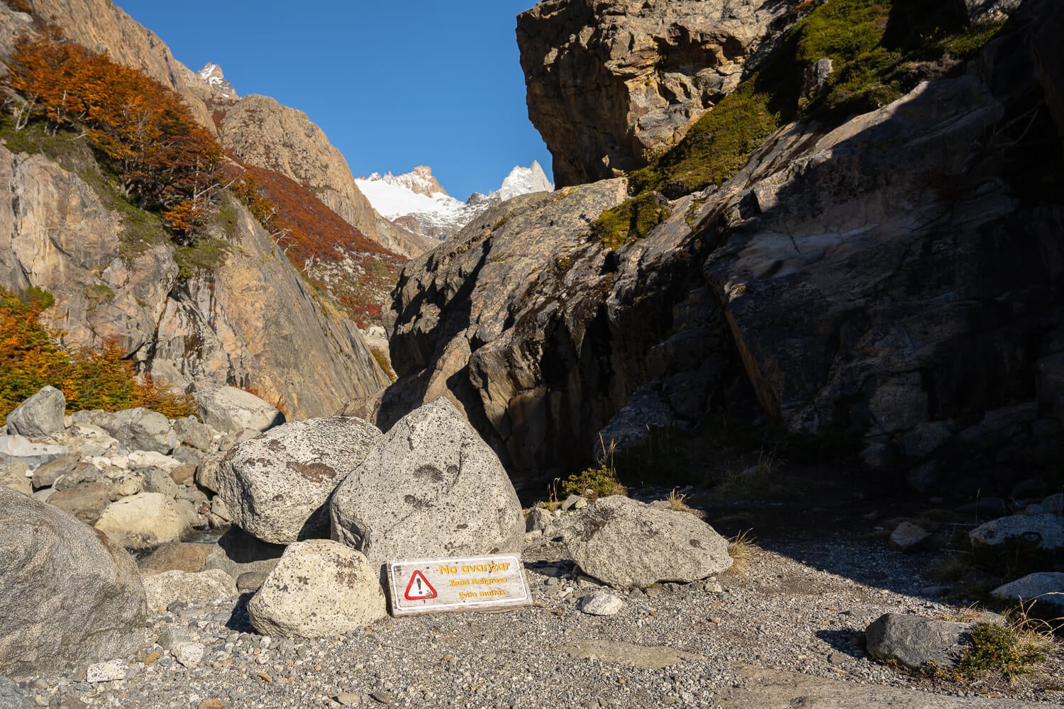 Closed section of the hiking trail to Laguna Sucia with a warning sign not to continue.