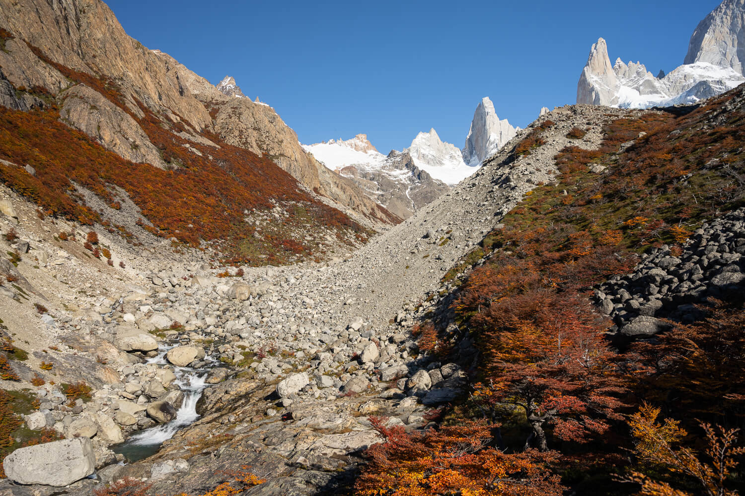 Morainic deposit at the base a lake, with view of snow capped peaks in the background.