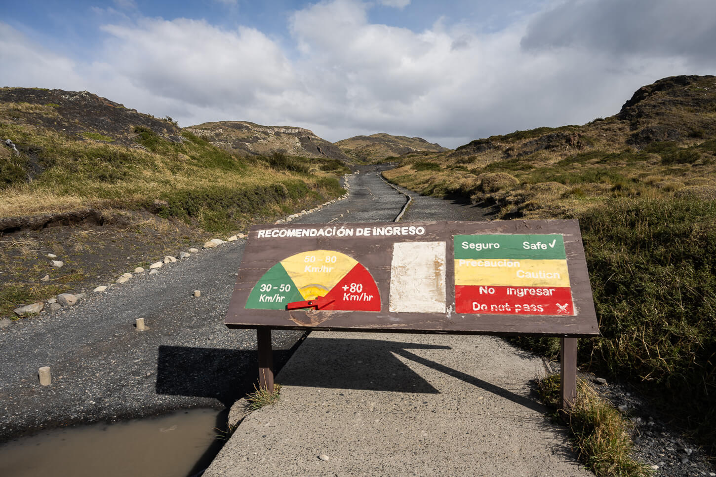 Wind Safety meter at the entrance of the Mirador Cuernos Hiking Trail, showing "No Entry" wind speeds abve 80- km/h
