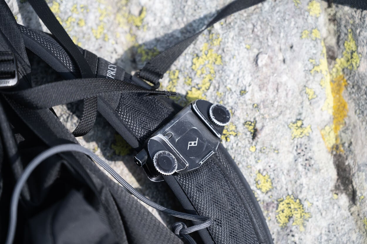Peak design Capture Clip on a backpack strap.