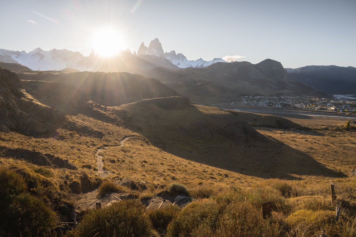 View of the Landscape around el Chalten from Mirador de los Condores at sunset