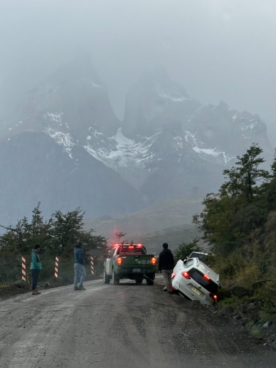 Car that went off the road in torres del paine.