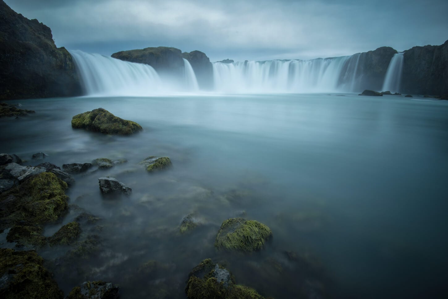 Goðafoss on a cloudy day, in a long exposure photo