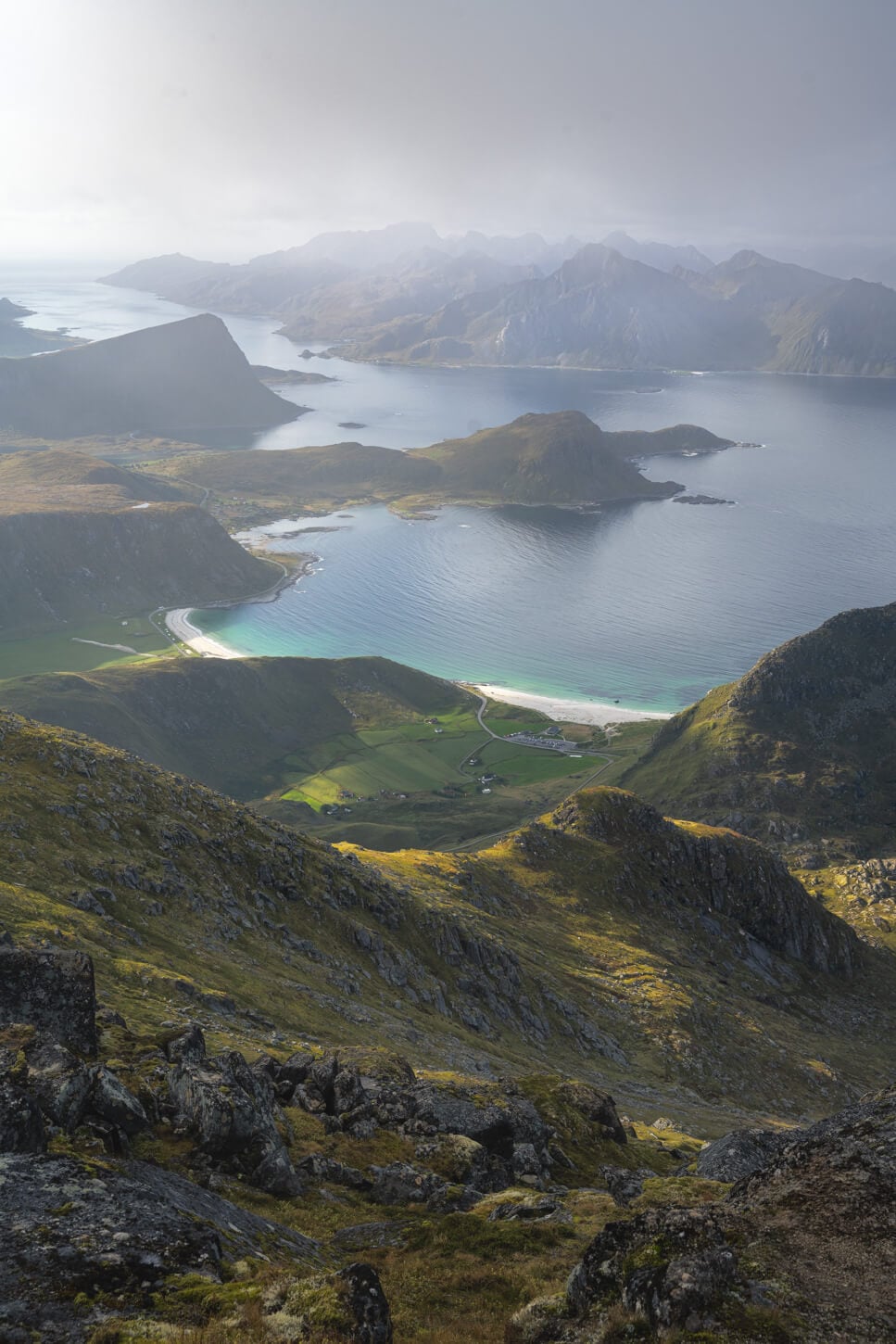 Morning golden hour sidelight above Mannen beach in the lofoten