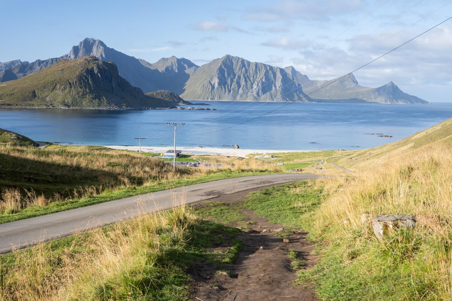 hiking trail to mannen and Himmeltinden with view of haukland beach in the distance