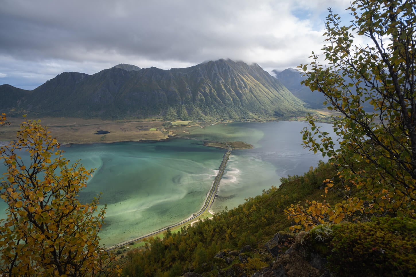 View of Grunnførfjorden in the early morning light which enhances the blue color of the sea in the fjord., fomr the first part of the hike to Delpsheia and Matmora.