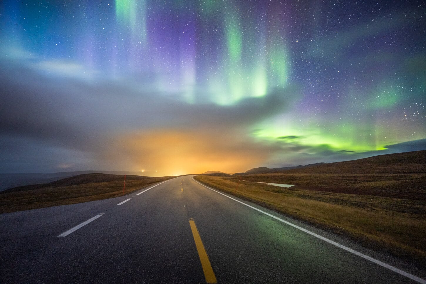 Northern Lighs or Aurora Borealis on the road to North Cape
