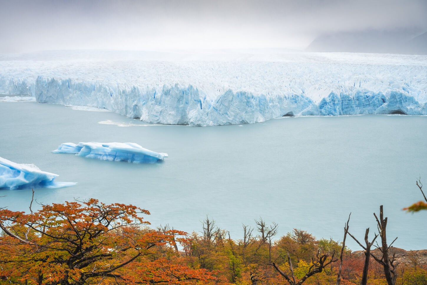 View of the glacier Perito Moreno from the walkways in front of it.