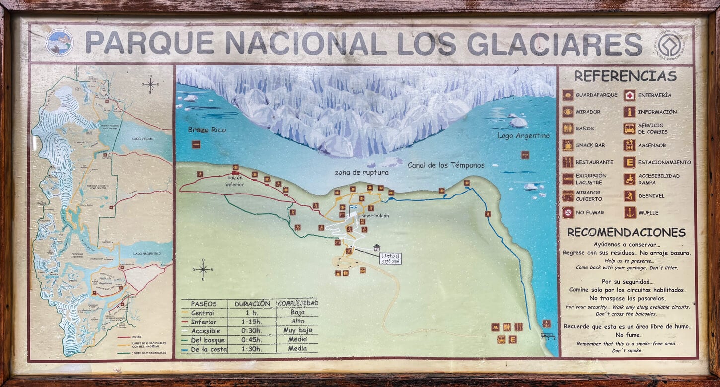 Map of the Perito Moreno Walkways from a local board