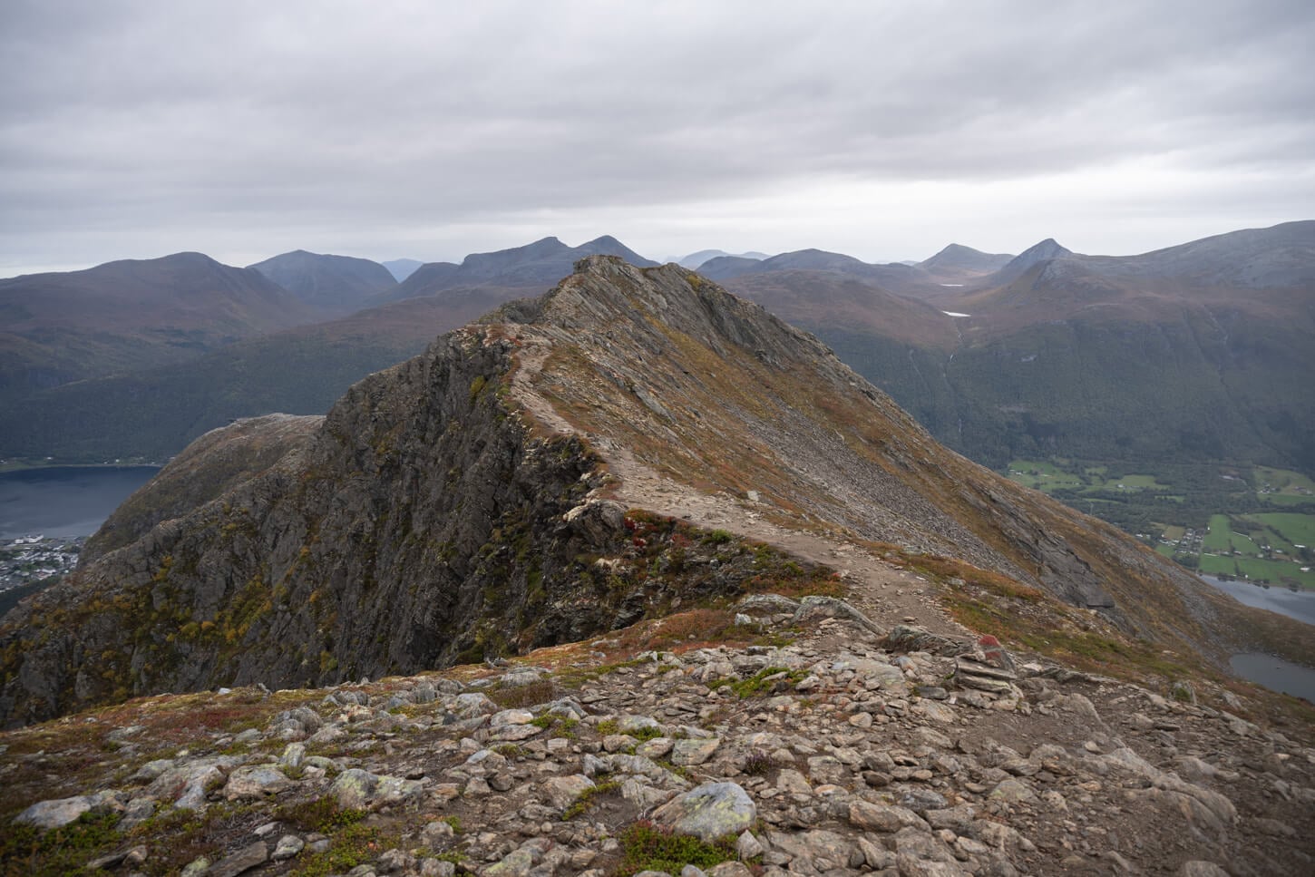 View of the rocky trail on top of the Romsdalseggen ridge
