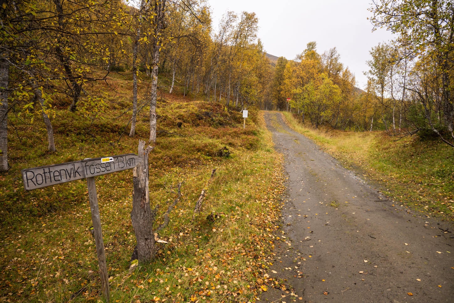 Rottenvikfossen Trailhead with a sign pointing the direction.
