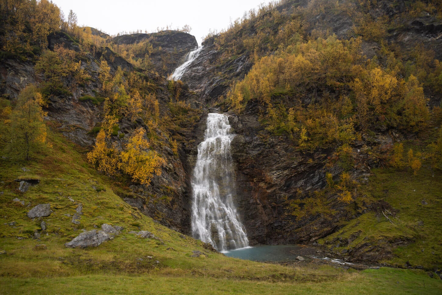 Rottenvikfossen, a two-step waterfall on the Lyngen Alps